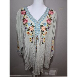 Andree By Unit Embroidered Floral Boho Peasant Tunic Blouse Women's Sz L